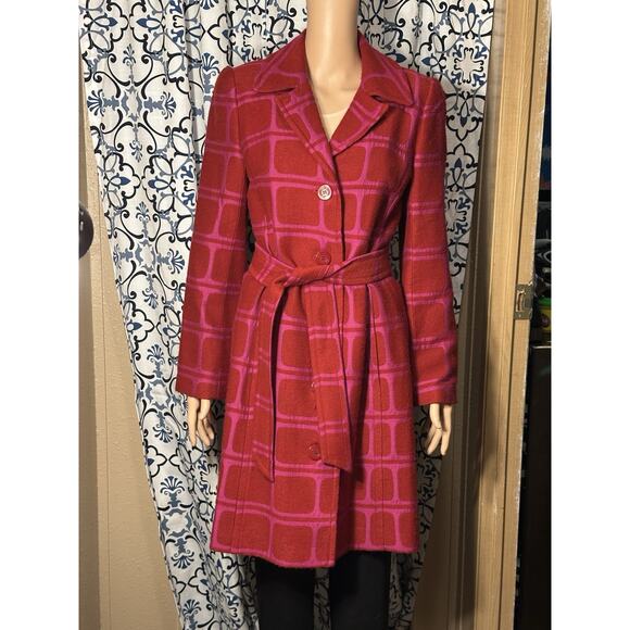TRINA TURK Women's Belted Long Coat Jacket Sz 8 Pink And Red USA Made - Picture 1 of 15